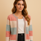 Women's Striped Open Front Cardigan with Colour Block Pattern, Pink Green, view 3