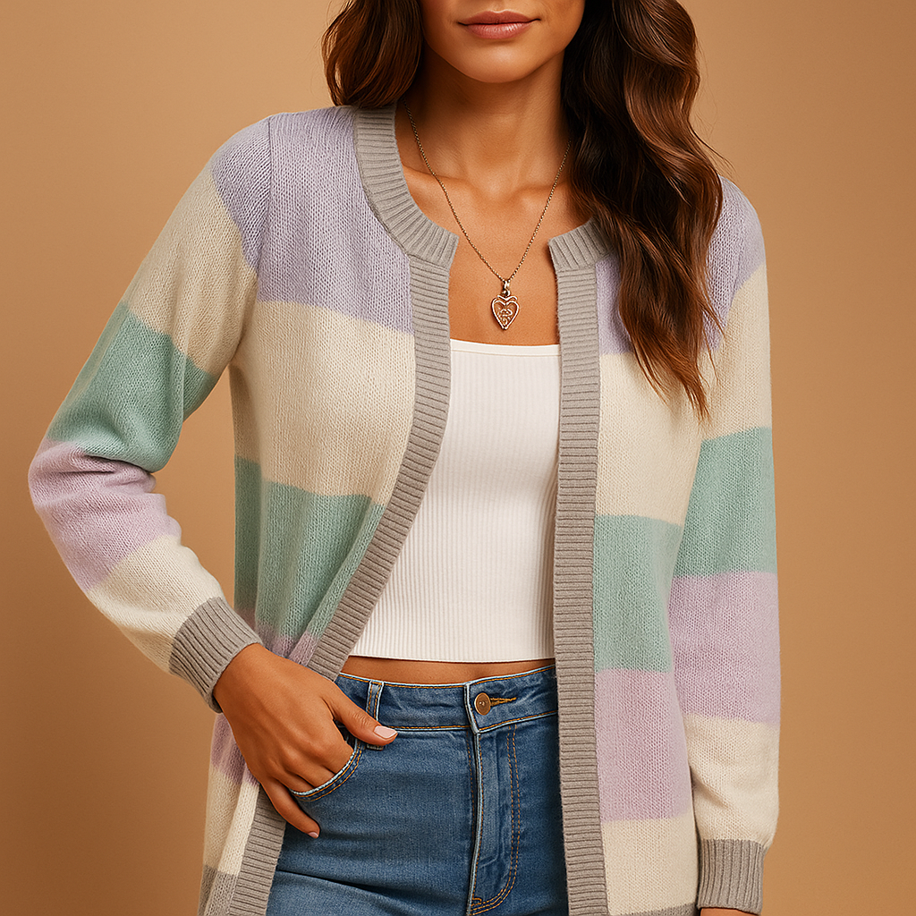 Women's Striped Open Front Cardigan with Colour Block Pattern, Purple Green, view 4