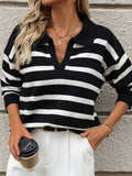 Women's Striped Polo Collar Jumper with V-Neck, Black, view 1