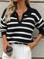 Women's Striped Polo Collar Jumper with V-Neck, Black, view 1
