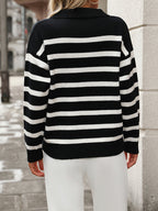 Women's Striped Polo Collar Jumper with V-Neck, view 2