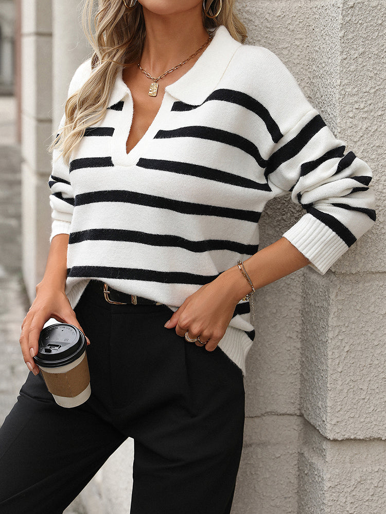 Women's Striped Polo Collar Jumper with V-Neck, view 4