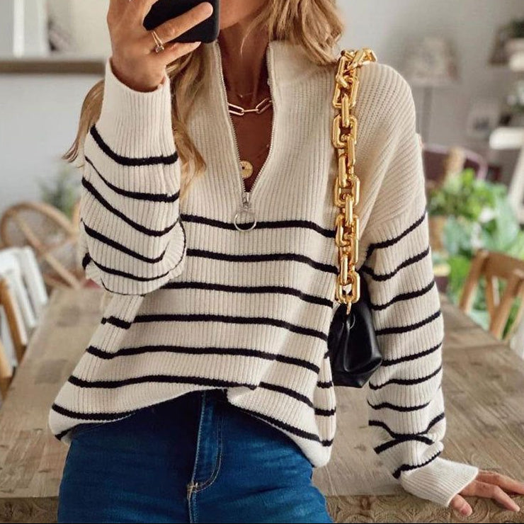 Women's Striped Ribbed Half-Zip V-Neck Jumper, Beige, view 1