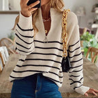 Women's Striped Ribbed Half-Zip V-Neck Jumper, Beige, view 1