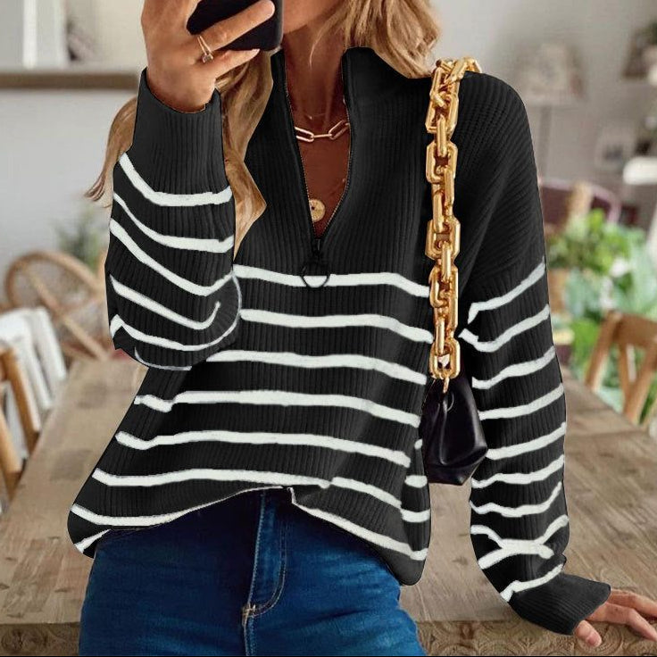 Women's Striped Ribbed Half-Zip V-Neck Jumper, Black, view 4