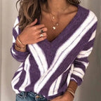 Women's Striped V Neck Knit Jumper with Chevron Pattern, Violet, view 2