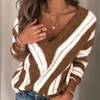 Women's Striped V Neck Knit Jumper with Chevron Pattern, Khaki, view 6