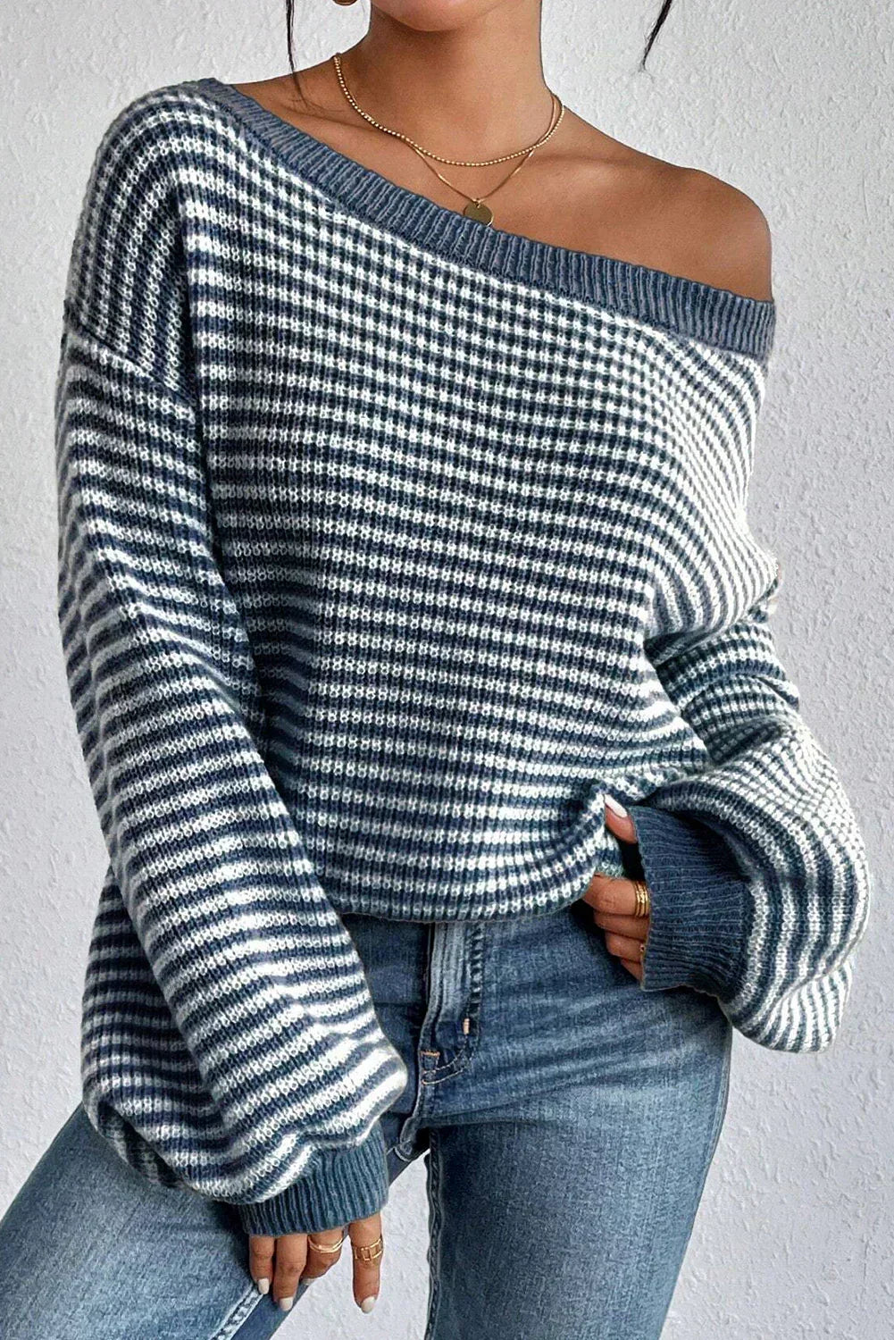 Women's Striped Waffle-Knit Jumper with Off-Shoulder Neckline, view 1