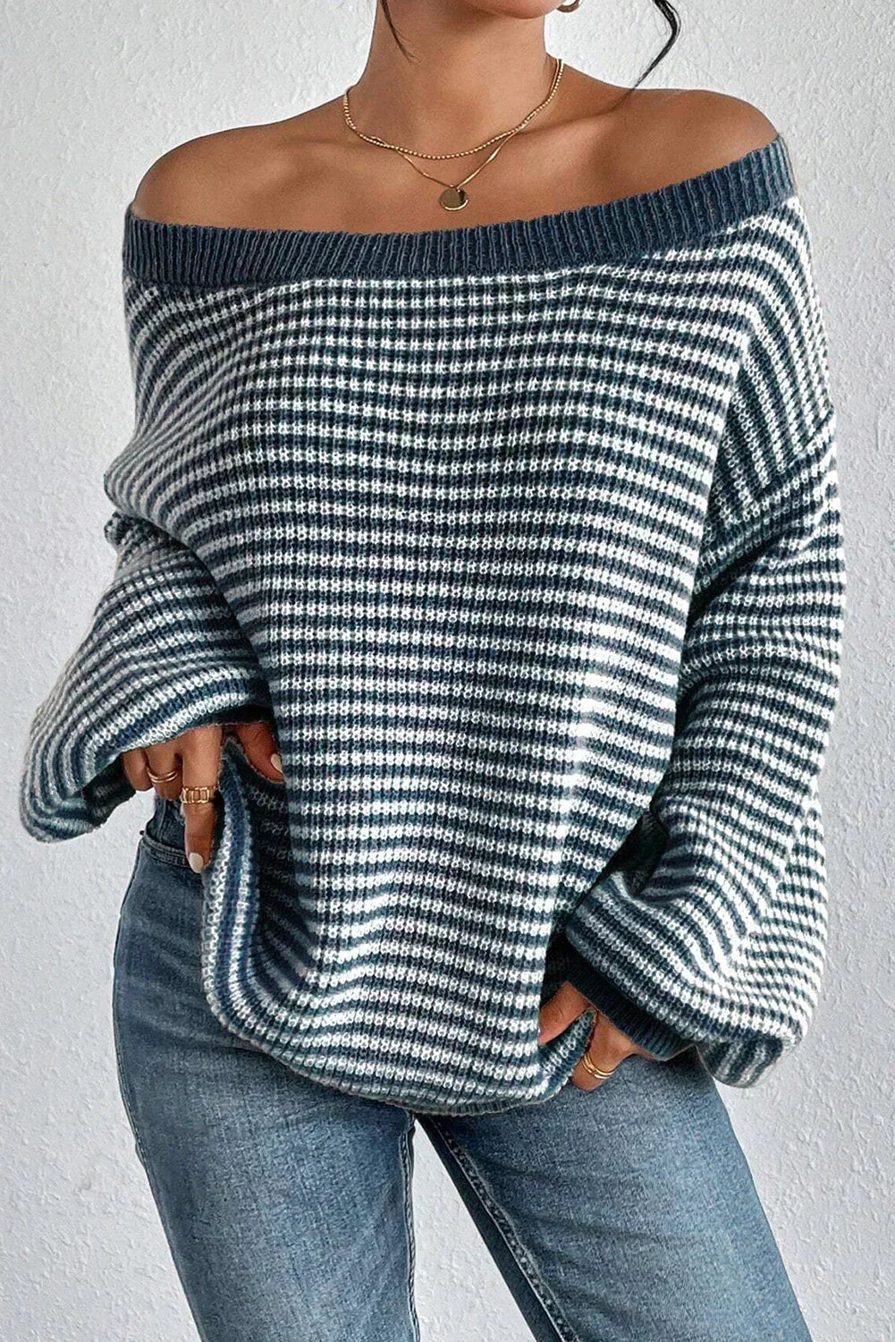 Women's Striped Waffle-Knit Jumper with Off-Shoulder Neckline, Blue, view 2