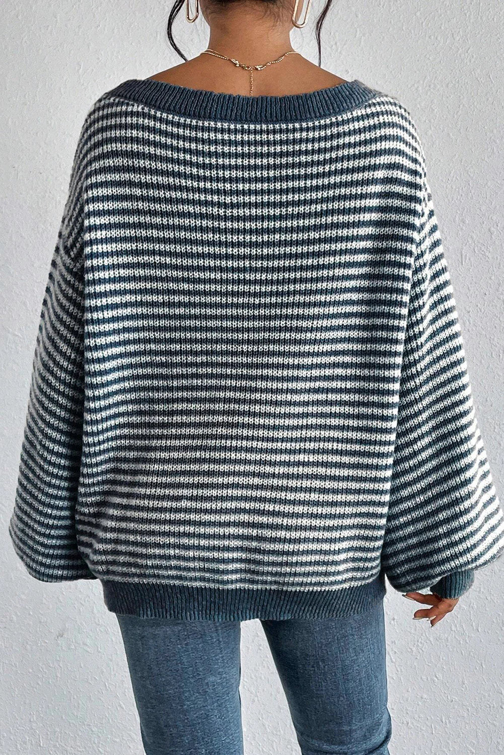 Women's Striped Waffle-Knit Jumper with Off-Shoulder Neckline, view 3