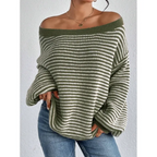 Women's Striped Waffle-Knit Jumper with Off-Shoulder Neckline, Green, view 4