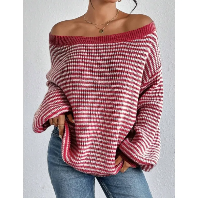 Women's Striped Waffle-Knit Jumper with Off-Shoulder Neckline, Red, view 6