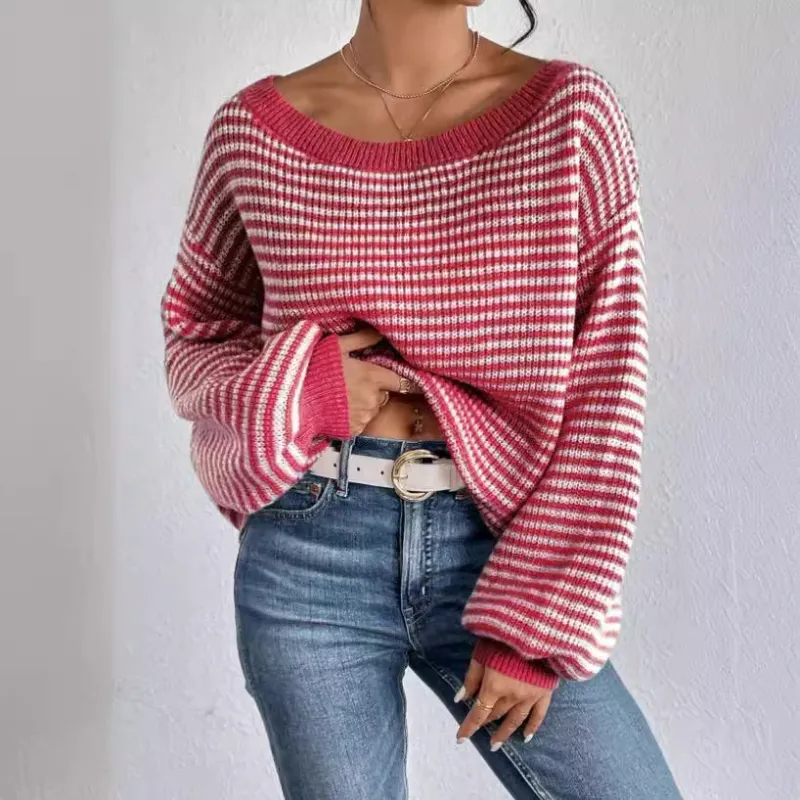 Women's Striped Waffle-Knit Jumper with Off-Shoulder Neckline, view 7