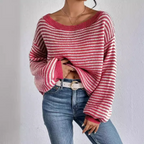 Women's Striped Waffle-Knit Jumper with Off-Shoulder Neckline, view 7