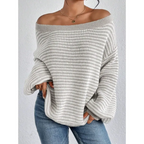 Women's Striped Waffle-Knit Jumper with Off-Shoulder Neckline, Grey, view 8