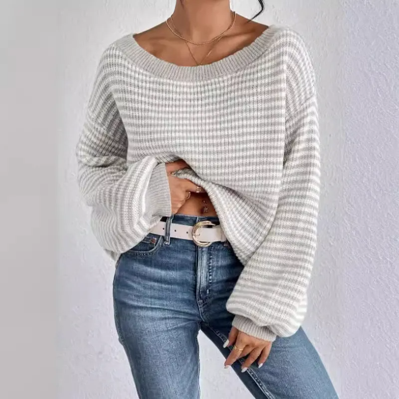 Women's Striped Waffle-Knit Jumper with Off-Shoulder Neckline, view 9