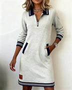 Women's Sweatshirt Mini Dress with Half-Zip and Contrast Trim, Grey, view 1