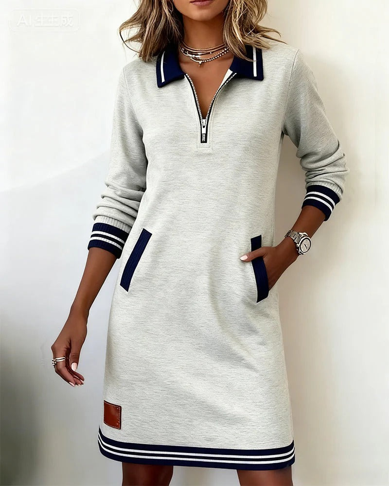 Women's Sweatshirt Mini Dress with Half-Zip and Contrast Trim, Grey, view 1