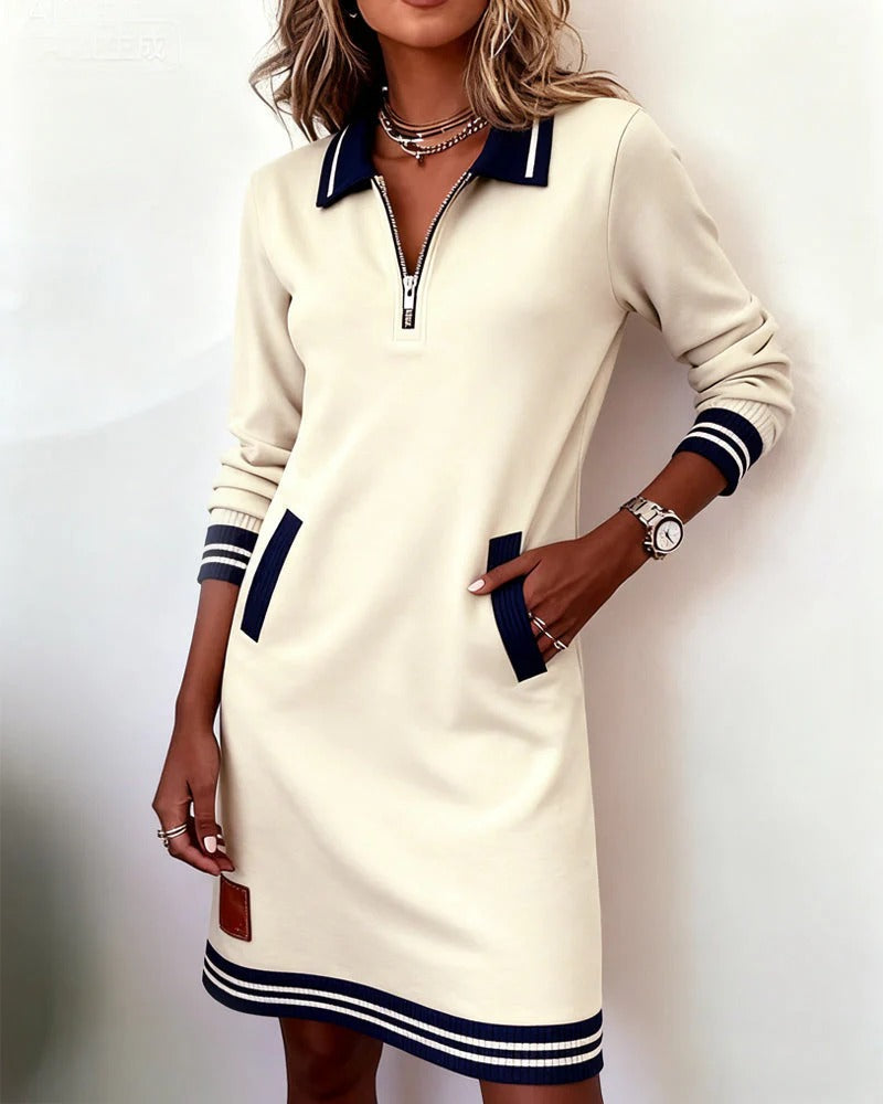Women's Sweatshirt Mini Dress with Half-Zip and Contrast Trim, White, view 2