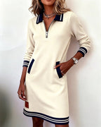 Women's Sweatshirt Mini Dress with Half-Zip and Contrast Trim, White, view 2