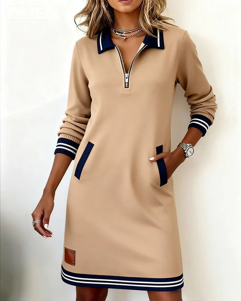 Women's Sweatshirt Mini Dress with Half-Zip and Contrast Trim, Beige, view 4