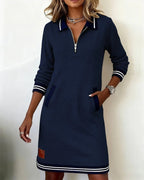 Women's Sweatshirt Mini Dress with Half-Zip and Contrast Trim, Navy Blue, view 6