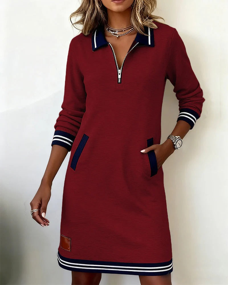 Women's Sweatshirt Mini Dress with Half-Zip and Contrast Trim, Red, view 9
