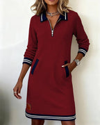 Women's Sweatshirt Mini Dress with Half-Zip and Contrast Trim, Red, view 9
