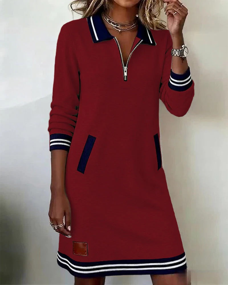 Women's Sweatshirt Mini Dress with Half-Zip and Contrast Trim, view 10