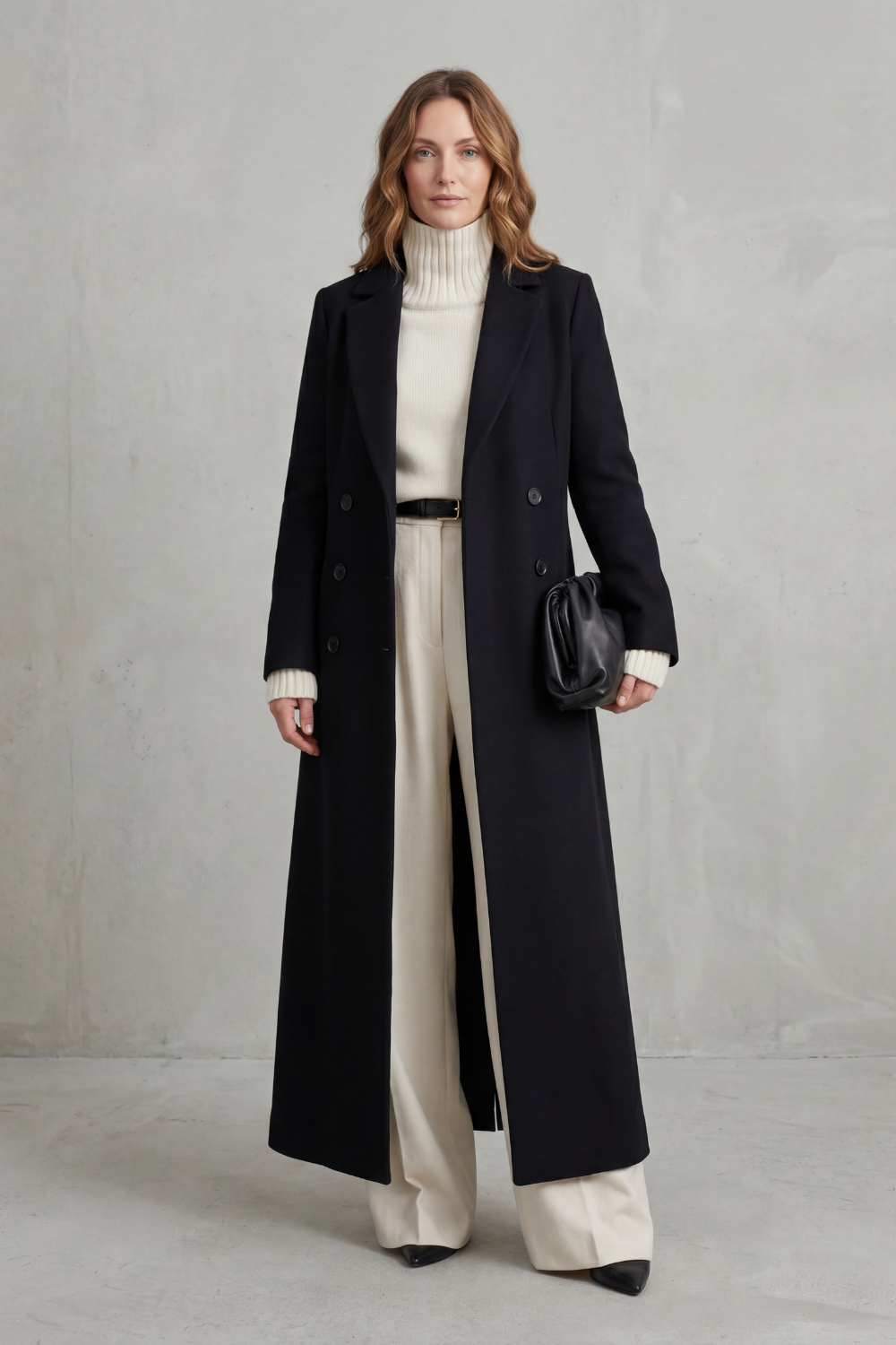 Women's Tailored Full-Length Double-Breasted Coat, Black, view 1