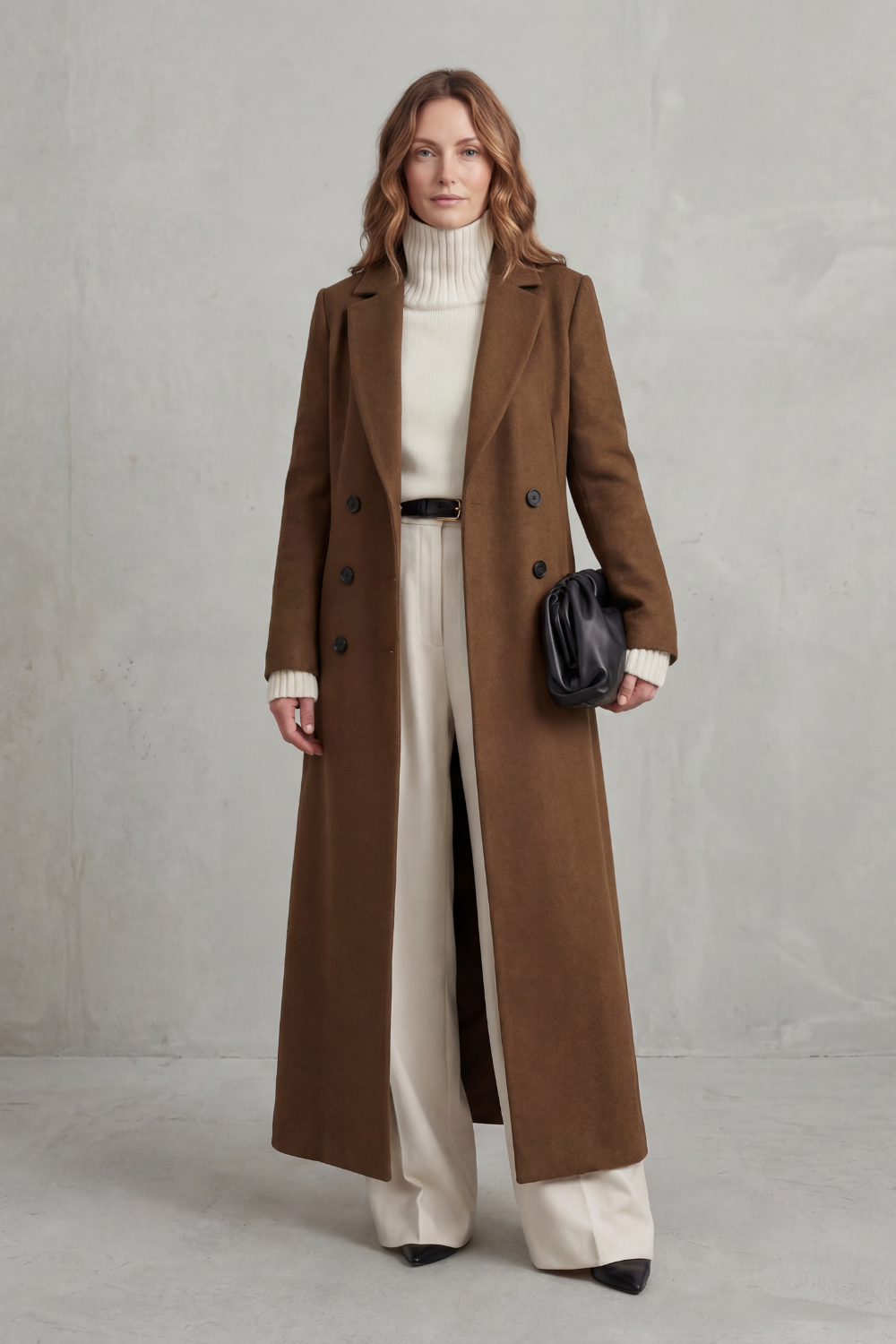 Women's Tailored Full-Length Double-Breasted Coat, Brown, view 4