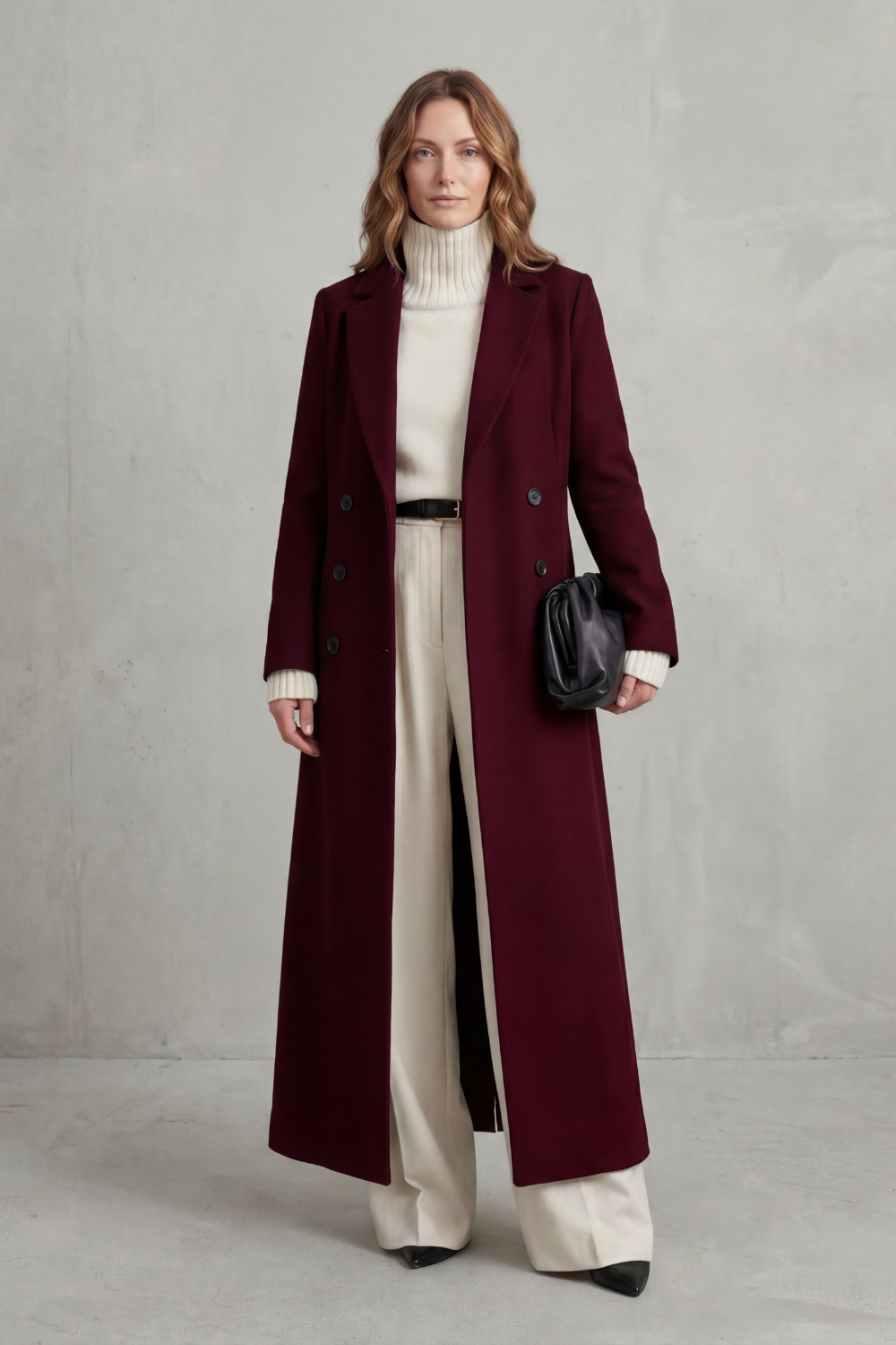 Women's Tailored Full-Length Double-Breasted Coat, Burgundy, view 5