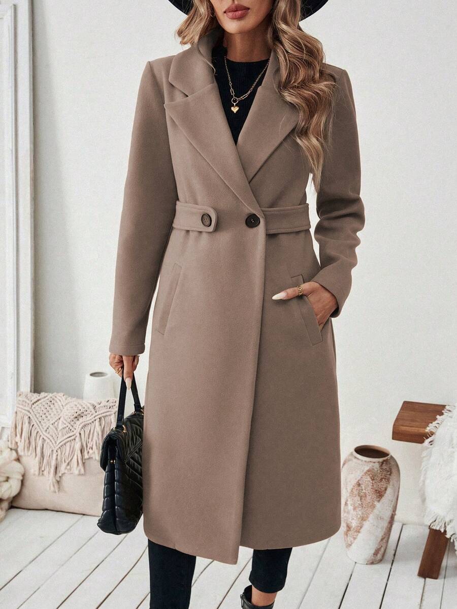 Women's Tailored Long Coat with Belted Waist, Khaki, view 4
