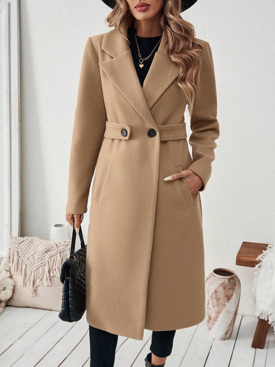 Women's Tailored Long Coat with Belted Waist, Brown, view 7