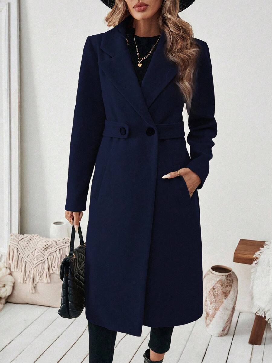 Women's Tailored Long Coat with Belted Waist, Dark Blue, view 13