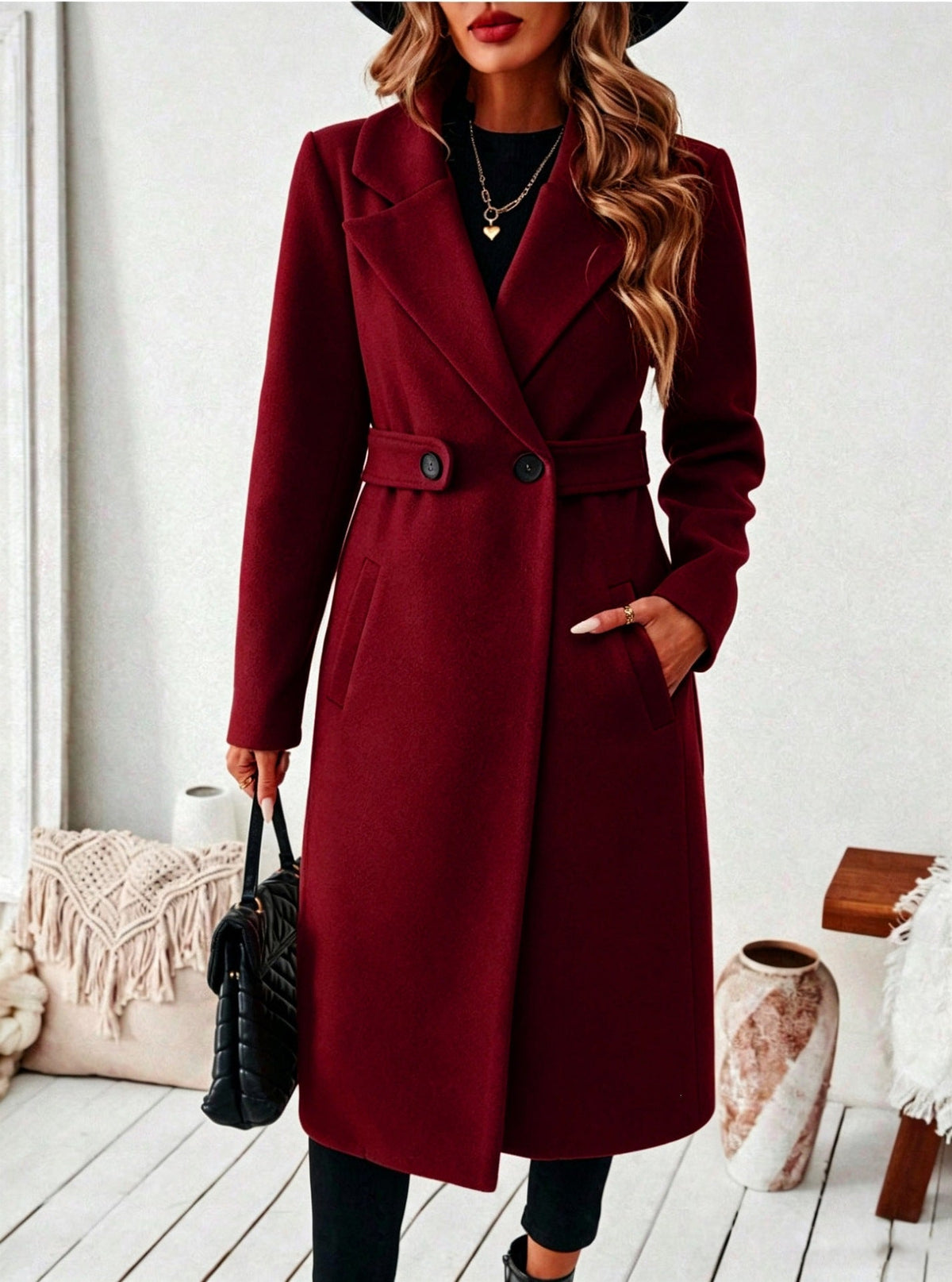 Women's Tailored Long Coat with Belted Waist, Red, view 16