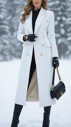 Women's Tailored Long Coat with Gold-Tone Buttons, White, view 1