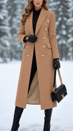 Women's Tailored Long Coat with Gold-Tone Buttons, Brown, view 4