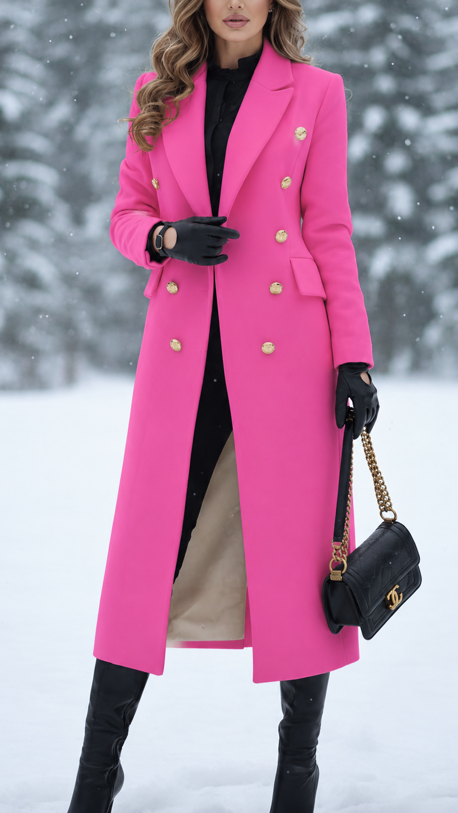 Women's Tailored Long Coat with Gold-Tone Buttons, Hot Pink, view 5
