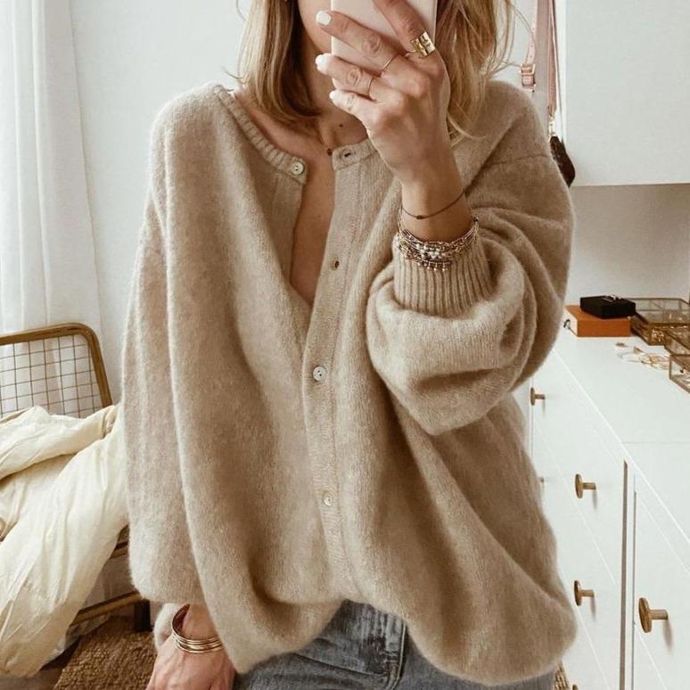 Women's Taupe Oversized Fluffy Knit Button-Front Cardigan, Taupe, view 1