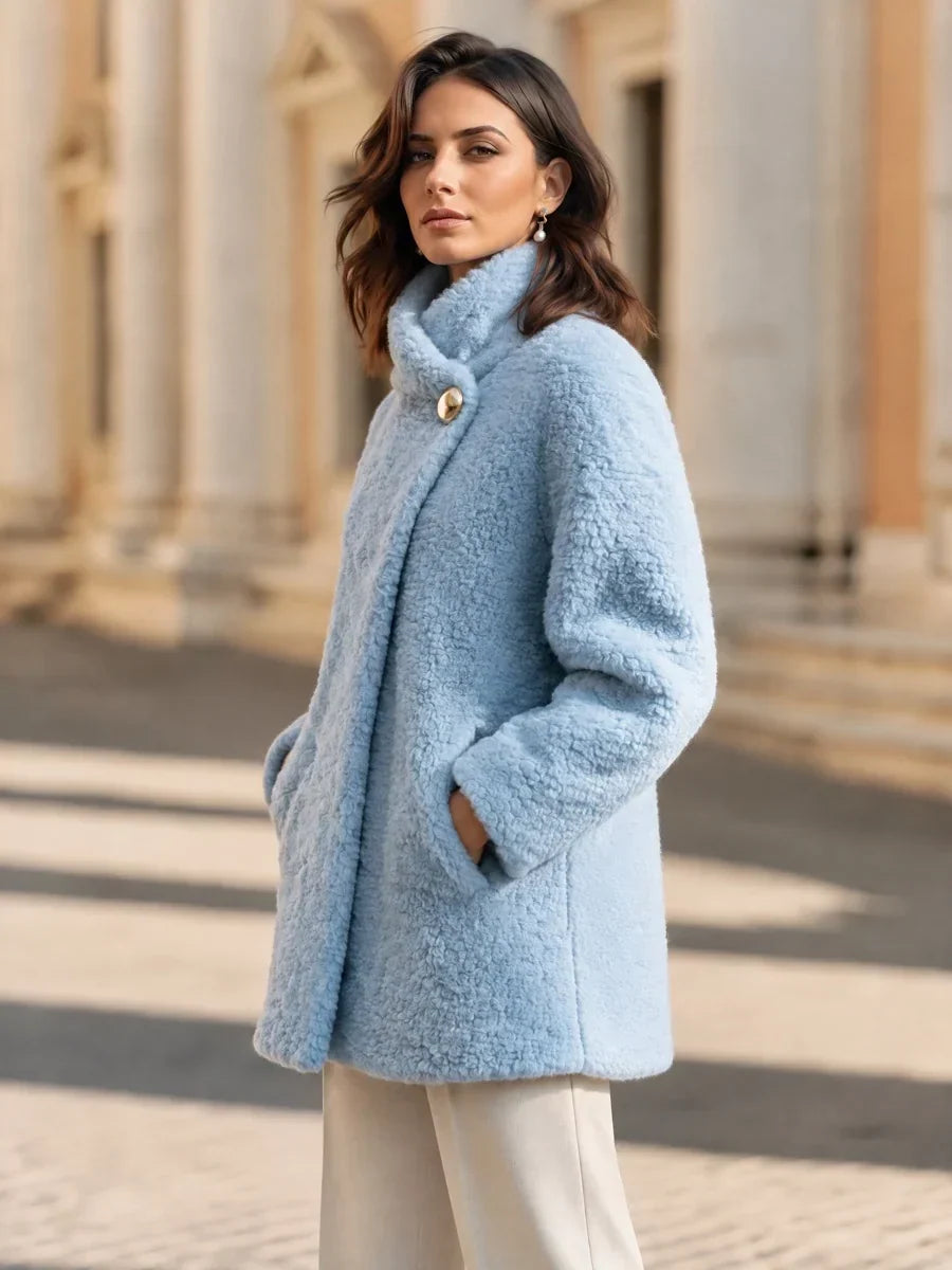 Women's Teddy Coat with Gold-Tone Button and Wrap Collar, view 2