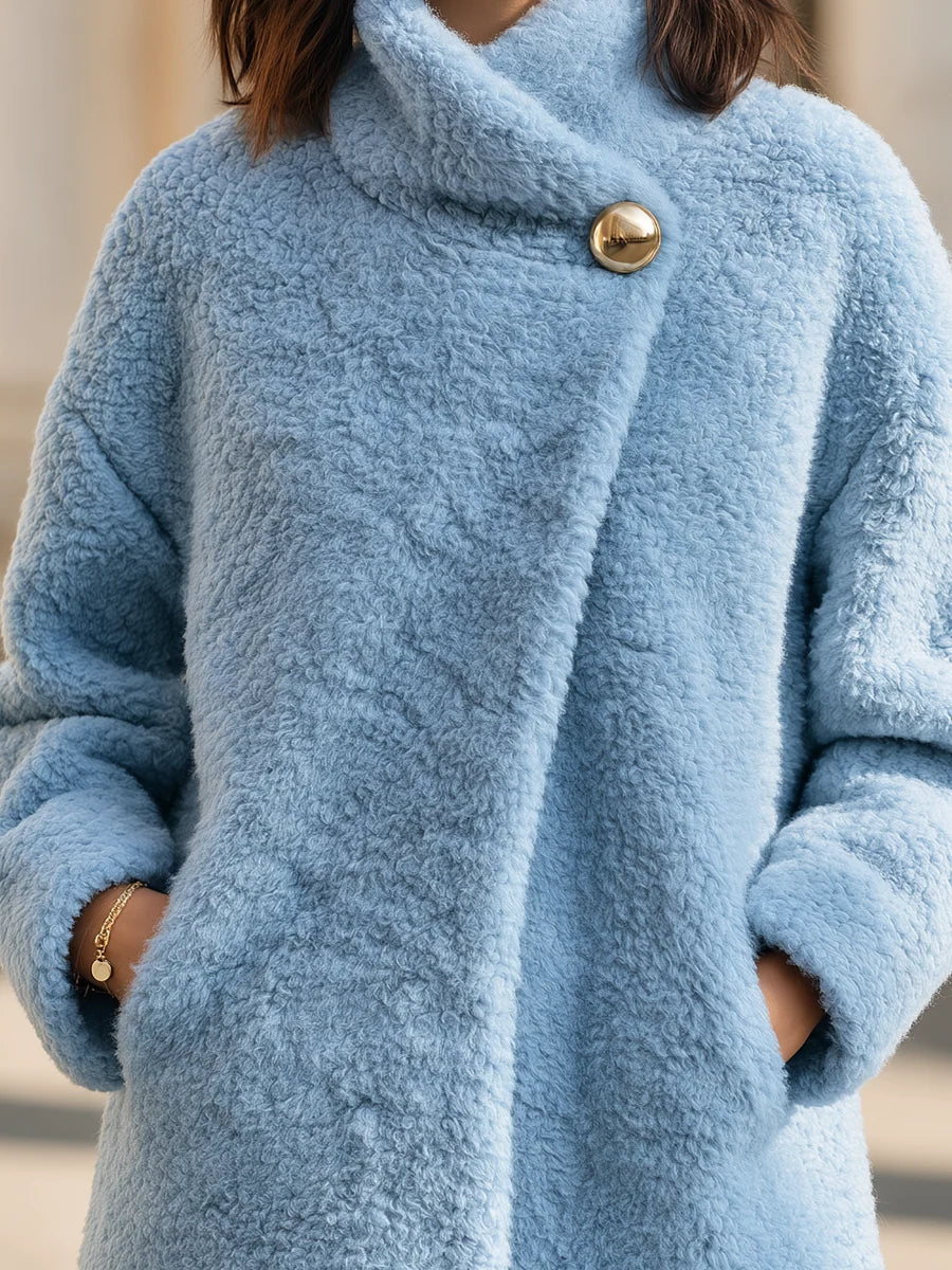 Women's Teddy Coat with Gold-Tone Button and Wrap Collar, view 4