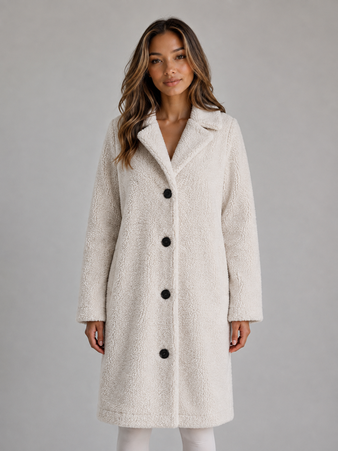 Women's Teddy Coat with Wide Collar and Contrast Buttons, White, view 1