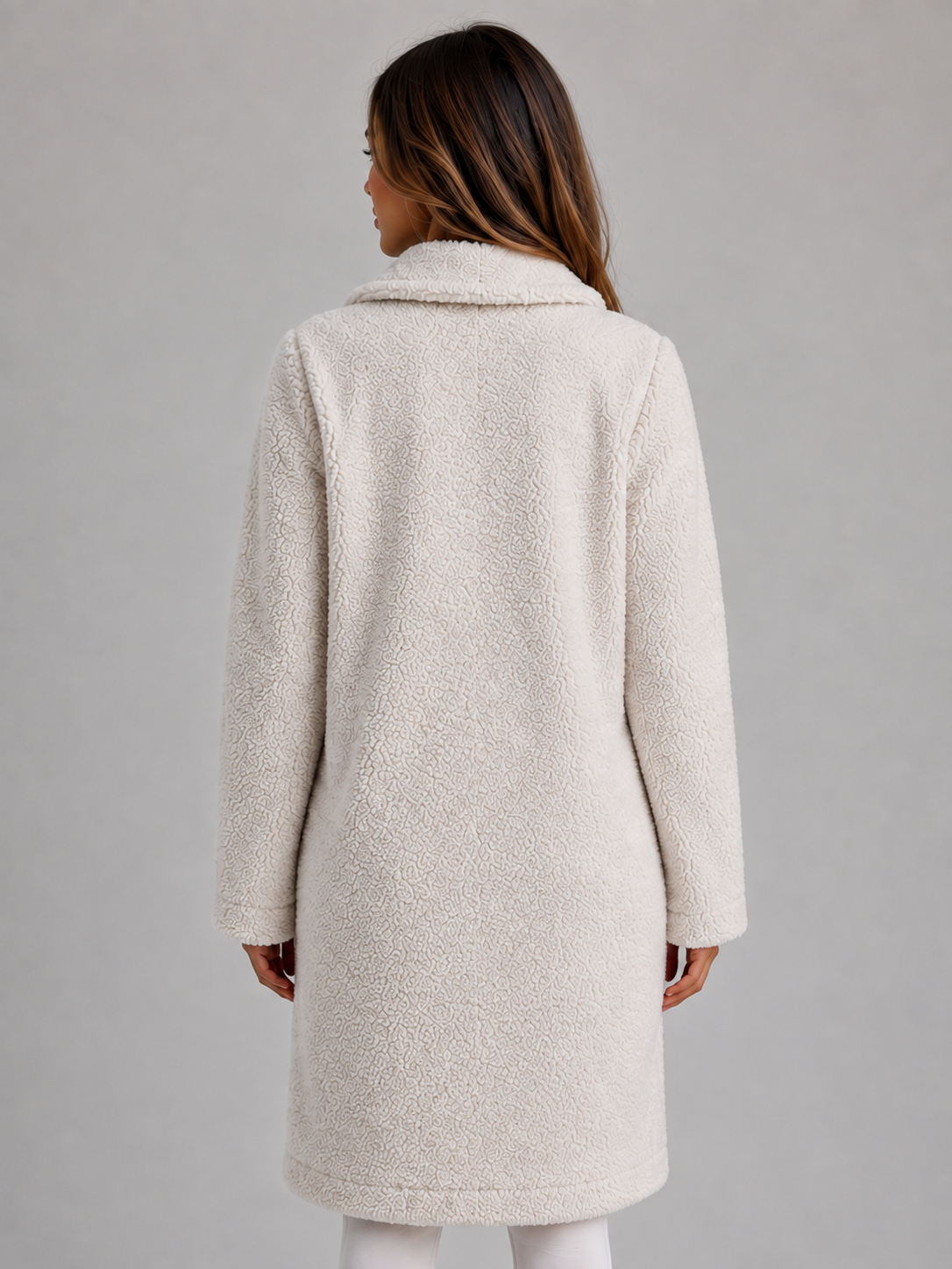 Women's Teddy Coat with Wide Collar and Contrast Buttons, view 2