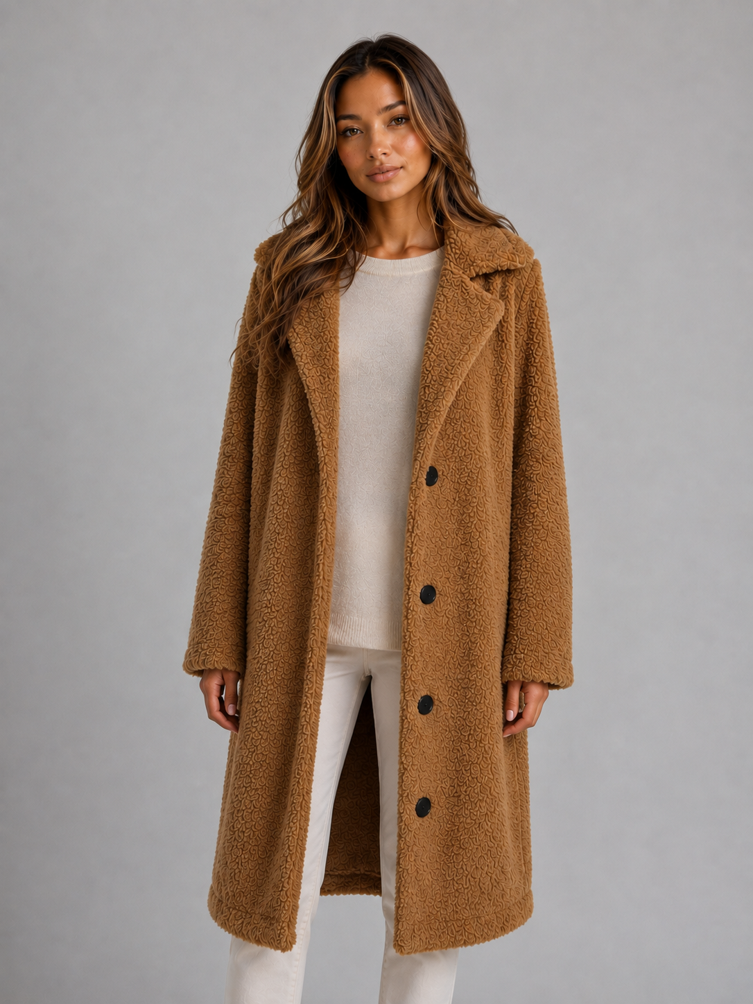Women's Teddy Coat with Wide Collar and Contrast Buttons, Khaki, view 3