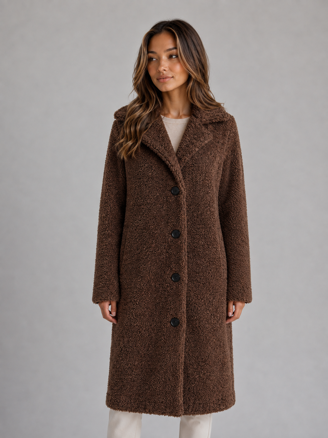 Women's Teddy Coat with Wide Collar and Contrast Buttons, Brown, view 4