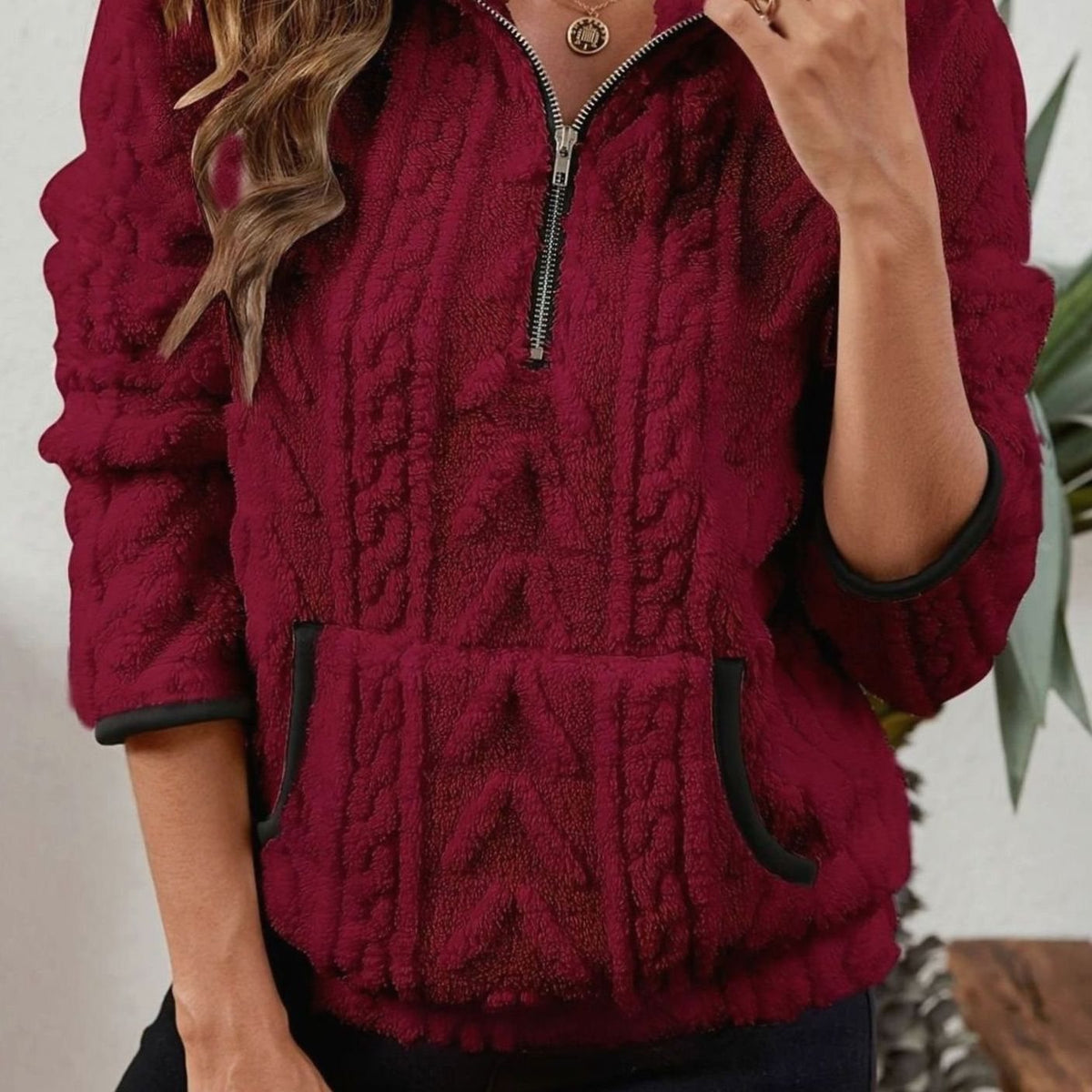 Women's Textured Fleece Half Zip Jumper with Kangaroo Pocket, Burgundy, view 1