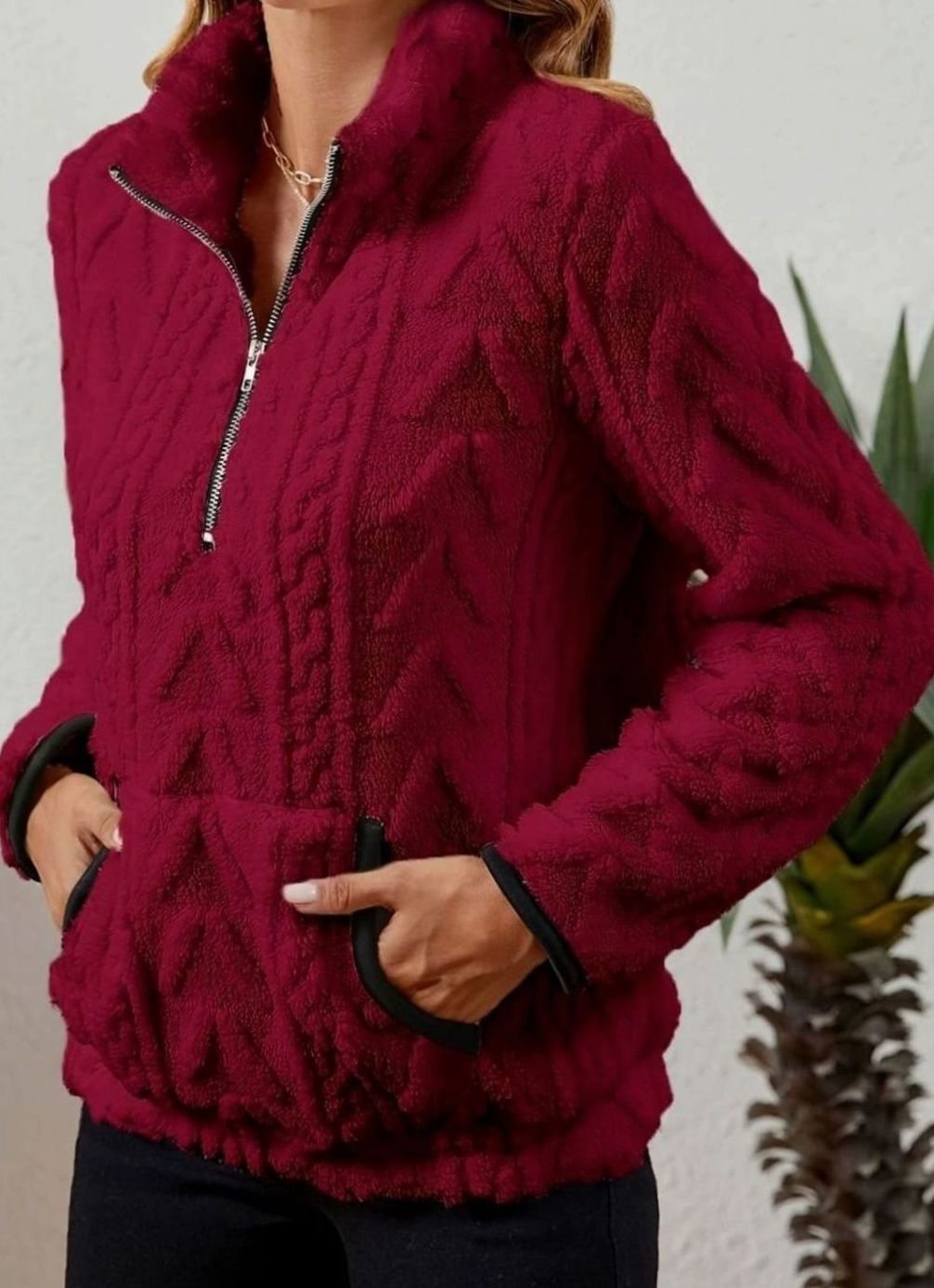 Women's Textured Fleece Half Zip Jumper with Kangaroo Pocket, view 3