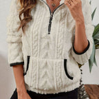 Women's Textured Fleece Half Zip Jumper with Kangaroo Pocket, White, view 6