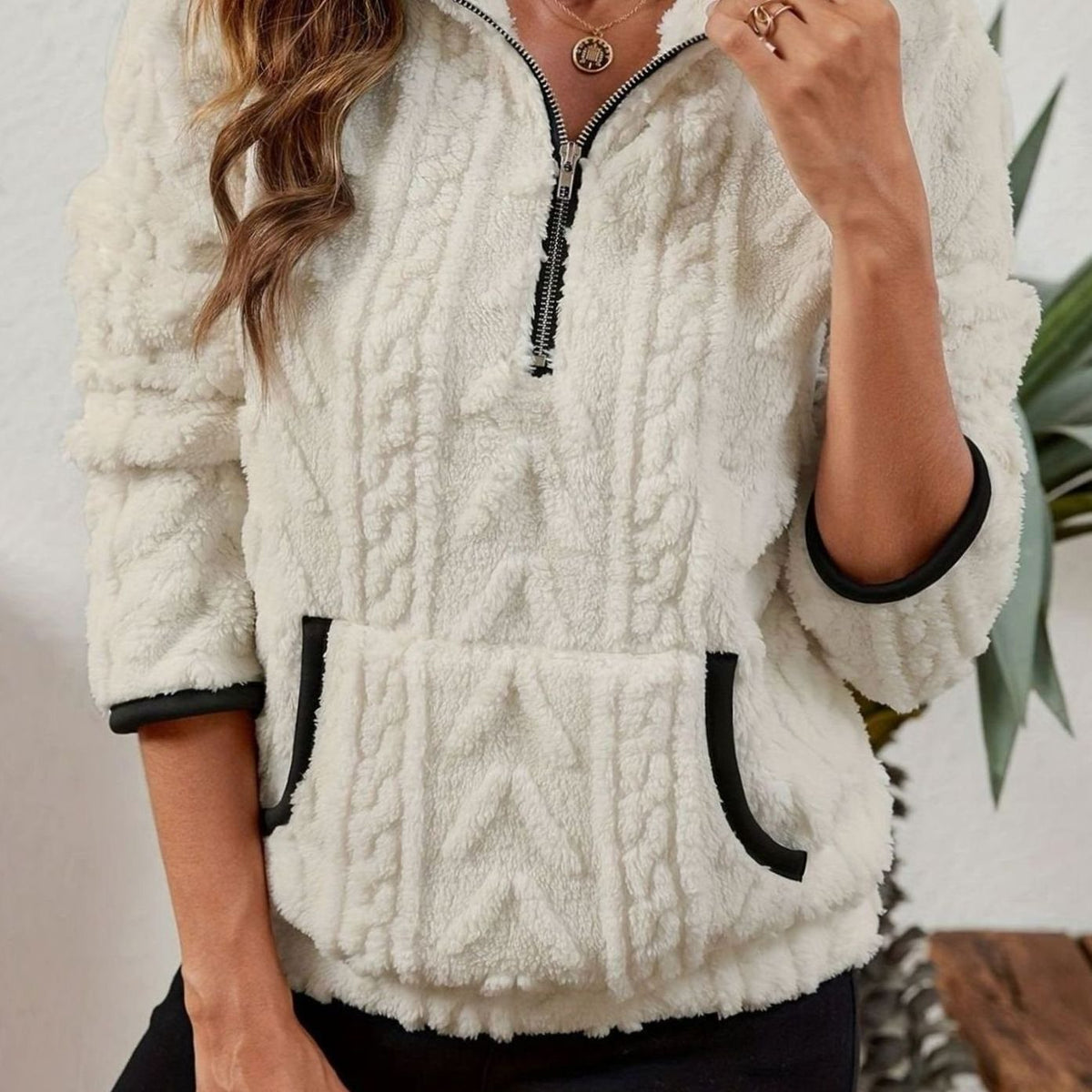Women's Textured Fleece Half Zip Jumper with Kangaroo Pocket, White, view 6